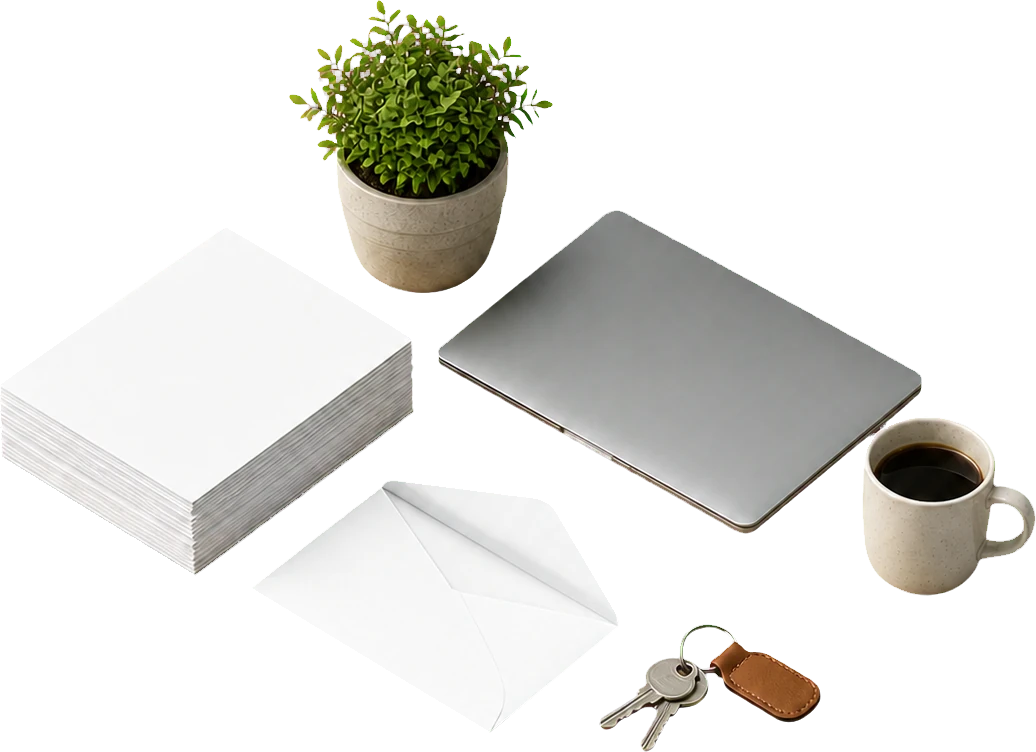 Aufgeräumter Schreibtisch mit Unterlagen, Laptop und Schlüsseln