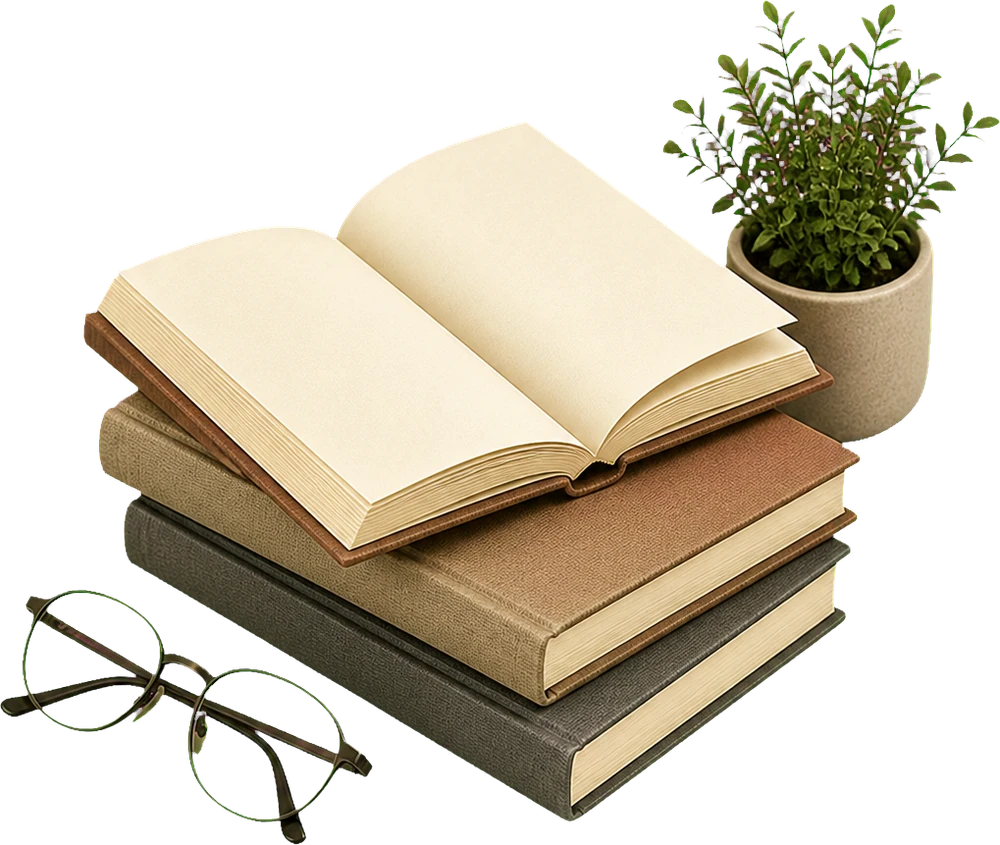Bücherstapel mit Lesebrille